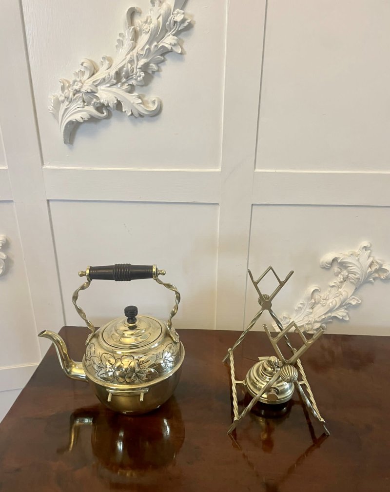 Antique Victorian Quality Brass Spirit Kettle on Stand - Image 2